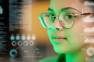 Image showing Woman, face and programmer with coding overlay at night in software, troubleshooting or diagnostics at office. Female person, coder or hacker working late in digital data analytics or double exposure