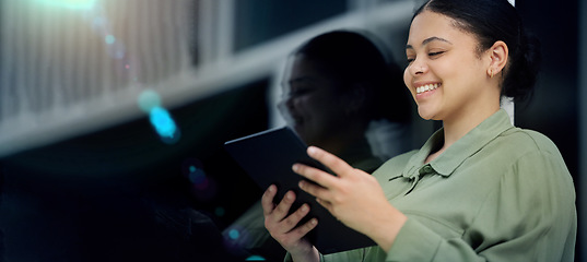 Image showing Night, office and business woman on tablet for internet, online project and social media in dark. Technology, networking and happy female person on digital tech for website, planning and research