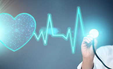 Image showing Doctor, hands and 3d heart hologram for cardiology, BPM or monitoring against a studio background. Hand of person, medical or healthcare professional with stethoscope for digital beats or medicare