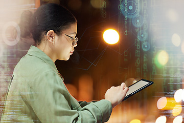 Image showing Digital tablet, city and woman with hologram to do research for a corporate project by a rooftop. Technology, online and professional female employee working on company report in urban town at night.