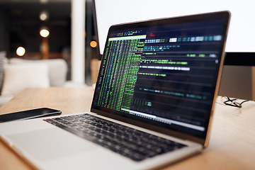 Image showing Programming, coding and laptop in office for website hacking, web design and cybersecurity. Information technology, cloud computing and computer on desk for big data, software update and network