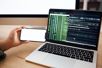 Image showing Laptop, coding and hands with mockup phone for website hacking, programming or cybersecurity. Information technology, software and person on smartphone and computer for big data, update or web design