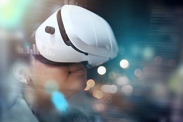 Image showing Virtual reality, woman in headset and hologram with mockup for design, future technology and digital data. Research, web innovation and bokeh overlay, software programmer or developer with vr glasses