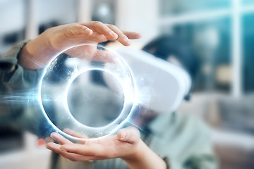 Image showing Virtual reality, woman in headset and hologram in office for design, future technology and digital data. Research, web innovation and mockup, software programmer or developer working with vr glasses.