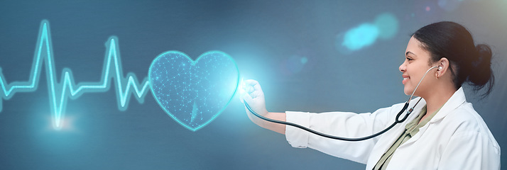 Image showing Heart rate, medical and doctor with woman and hologram for healthcare, digital and monitor. Consulting, medicine and future with person and stethoscope on banner for cardiology, heartbeat or wellness