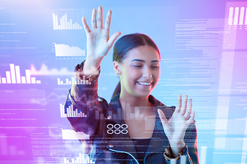 Image showing Hologram, screen and woman hands with data analytics, social media metrics and algorithm in cyberpunk stats. Security, network and futuristic young person with holographic in neon studio background