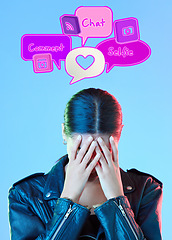 Image showing Woman, speech bubble and anxiety in studio, thinking and overwhelmed with technology by blue background. Gen z student girl, 3d icon and social media notification with stress, worry and mental health