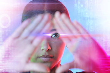 Image showing Woman, future holographic overlay and studio portrait, pyramid hand sign and coding for technology. Girl, futuristic hologram and digital transformation for cyber vision, programming and development