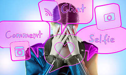 Image showing Young woman, speech bubble hologram or thinking with social media, overwhelmed or tech by blue background. Gen z student girl, 3d icon and anxiety for notification with stress, worry or mental health