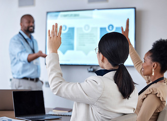 Image showing Presentation, question and businessman in a workshop with colleagues in the office conference room. Discussion, meeting and professional male manager presenting a team building workshop in workplace.