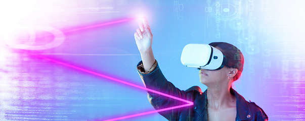 Image showing Woman, vr and hologram overlay in studio for pointing, glow or laser for coding, programming or metaverse. Girl, augmented reality and finger for drawing, big data analysis or 3d vision by background