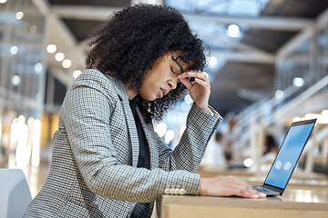 Image showing Stress, headache and woman with laptop in office, debt crisis and mental health burnout problem. Frustrated, overworked and tired African employee with tax fear, anxiety and deadline time pressure.