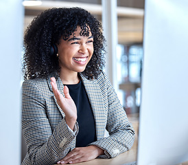 Image showing Video call, business woman and wave on computer with headphones of communication, virtual meeting or global consulting. Female office worker, smile and greeting hello at desktop for online conference