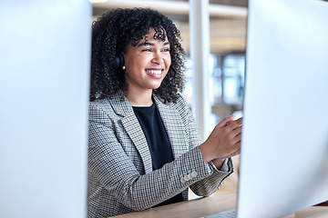 Image showing Agent, woman and video call at computer in office for customer service, sales consulting and questions. Telemarketing, happy female consultant or communication at desktop for virtual telecom advisory