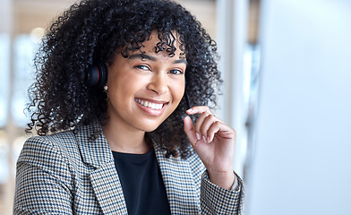 Image showing Call center, happy woman and portrait of consultant at computer for customer service, technical support or CRM. Female telemarketing agent at desktop for advice, sales consulting or telecom questions