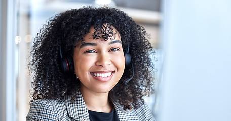 Image showing Call center, woman and portrait of telemarketing agent at computer for customer service, web support and CRM. Face, smile and female consultant at desktop for sales consulting, telecom and contact us