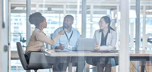 Image showing Office, business and meeting with team for feedback, brainstorming or online performance review. Diversity, teamwork and schedule planning, man and women in discussion for project management agenda.