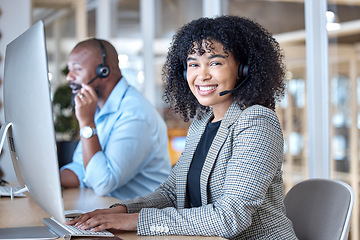 Image showing Call center, woman and portrait of consultant at computer for customer service, business support or help in CRM office. Happy telemarketing agent at desktop for telecom consulting in coworking agency