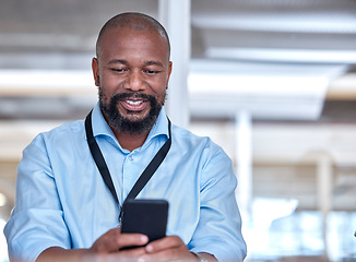 Image showing Search, phone and business with black man in office for networking, social media and communication. Creative, news and online with male employee in digital agency for app, connection and contact