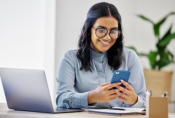 Image showing Phone, office or happy woman on social media in online conversation, typing sms or checking email. Businesswoman, mobile app or accountant on web chat for blog post or networking on break at job