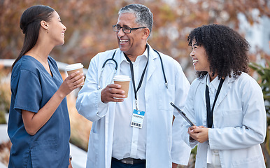 Image showing Coffee break, talking and doctors for healthcare planning, happy conversation and outdoor advice from mentor. Internship, funny and social life of medical women, nurses and clinic staff with drink