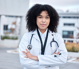 Image showing Portrait, woman and doctor with arms crossed, healthcare and success with career, outdoor and life insurance. Face, female person and medical professional with wellness, motivation and proud expert