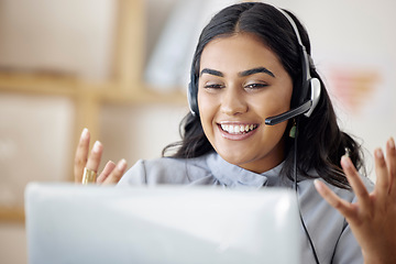 Image showing Contact us, call center or happy woman on laptop in communication or talking for customer service. Girl virtual assistant, crm or telemarketing sales agent explaining online in telecom tech support