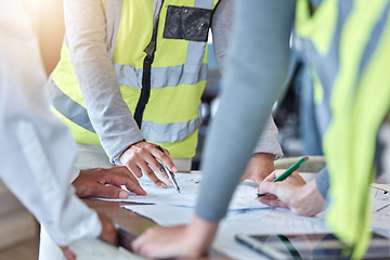 Image showing Planning, blueprint and engineering people hands for meeting, teamwork and construction design or collaboration. Paper, floor plan and person or group with sketch ideas, brainstorming or architecture