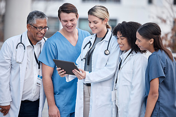 Image showing Tablet, doctors and nurses in healthcare, hospital and outdoor for clinic management, research and teamwork. Group, telehealth and medical staff, mentor or people on digital technology for video call