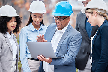 Image showing Teamwork, engineer and leader of people with laptop outdoor in city. Computer, planning and group collaboration of architects talking, communicaton and strategy of manager for construction project.