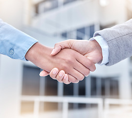 Image showing Success, handshake and agreement on deal with partner, businessman or b2b meeting, collaboration and teamwork. Shaking hands, crm and opportunity for partnership, project or support in management