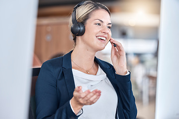 Image showing Call center, smile and woman in office for communication, support and contact us for customer service. Listening, telemarketing and sales agent, consultant and happy employee talking in conversation