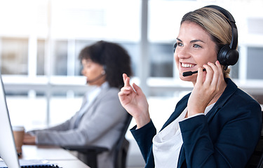 Image showing Call center, talking and happy woman in office for communication, support and contact us for customer service. Smile, telemarketing and sales agent, consultant or employee listening to conversation.