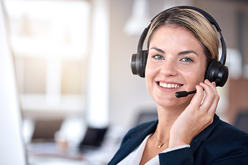 Image showing Call center, face and happy woman in office listening for communication, support and contact us for customer service. Portrait, telemarketing and sales agent, consultant or employee smile from Canada