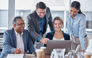 Image showing Teamwork, coaching and laptop with business people in meeting for strategy, planning and collaboration. Project management, website and idea with employees in office for brainstorming and development