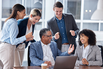 Image showing Teamwork, success and laptop with business people in meeting for strategy, planning or collaboration. Project management, winner or idea with employees and ceo in office for brainstorming development