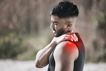 Image showing Shoulder pain, red and man in fitness or workout injury, sports risk or muscle healthcare in nature. Medical, neck or stress of athlete person massage for training, cardio or exercise problem overlay