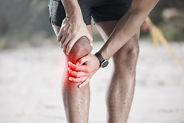 Image showing Knee pain, red and running person with medical injury, fitness or sports anatomy problem in nature training. Cardio, workout or exercise risk of runner, athlete or people check muscle or legs overlay