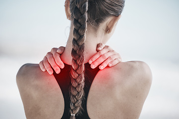 Image showing Back pain, red and woman for fitness or exercise injury, sports risk or muscle healthcare outdoor. Medical, spine and person massage for anatomy problem in training, cardio or workout overlay