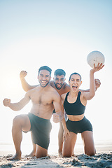 Image showing Fitness, beach and portrait of friends for volleyball with a ball, energy and winning spirit. Young men and woman or a team ready for sports, exercise or fun game outdoor in nature or sand in summer