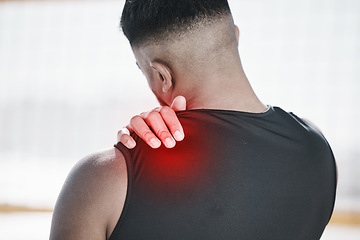 Image showing Man, neck pain and fitness, injury and red overlay, back and medical emergency with muscle inflammation. Male athlete, shoulder strain with glow and health problem, fibromyalgia and exercise accident