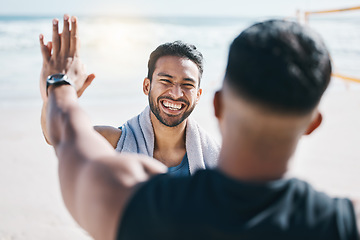 Image showing High five, fitness winner and people at beach celebration, success and workout goals or teamwork. Training, exercise and sports men, personal trainer or athlete friends, hands together and support