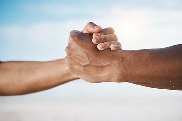 Image showing Man, handshake and partnership for deal, agreement or unity in community, trust or support in the outdoors. Men or friends shaking hands in teamwork for collaboration, celebration or cooperation