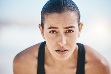 Image showing Portrait, fitness and woman outdoor, exercise and workout goals with wellness, health and focus. Face, female person or athlete with training, commitment or sports with motivation, breathing or relax