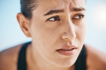 Image showing Face, breathing and tired woman on fitness break outdoors after training, running or intense cardio workout. Sports, fatigue and female runner stop to breathe, exhausted and dehydrated from exercise