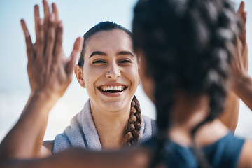 Image showing High five, fitness success and woman with workout celebration, winning and exercise goals or teamwork. Training, sports and athlete people, personal trainer or friends with hands together or support