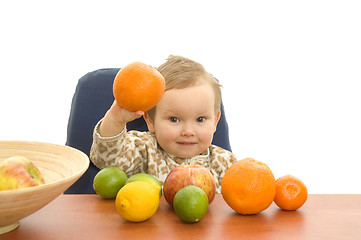 Image showing Babby and fruits