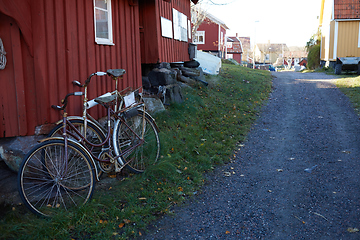 Image showing Red house at sea shore in the baltic sea in dull colors in autumn.