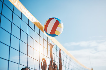 Image showing Volleyball, net with sports and fitness, blue sky and people outdoor playing game with training and summer. Exercise, athlete and competition, match with ball and active, workout and team tournament