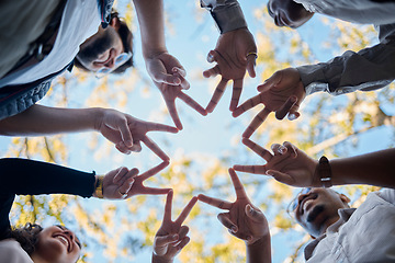 Image showing Creative people, hands and star in teamwork, solidarity or collaboration for unity in nature. Low angle of team group touching fingers together for faith, support or community, hope or startup goals